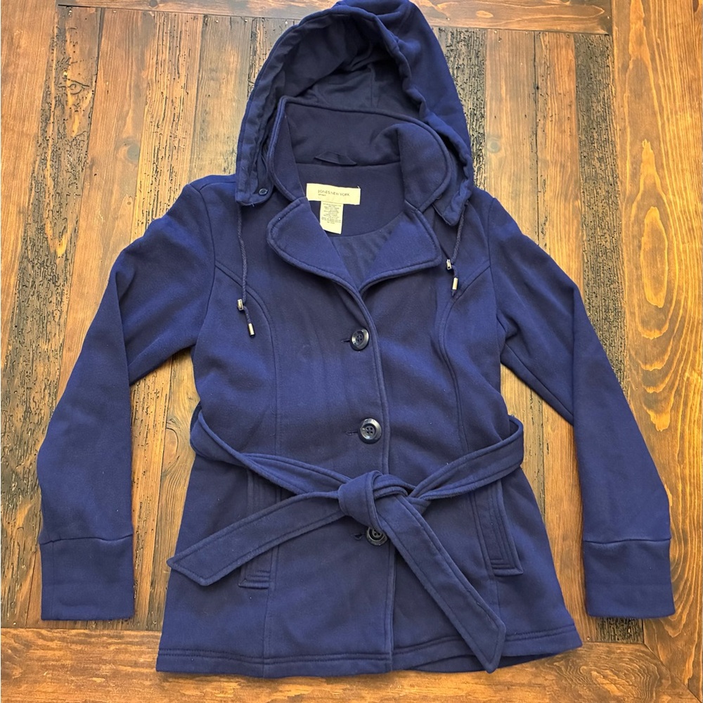 Jones New York Women's Blue Pea Coat Detachable Hood Size Medium Cozy Classic M